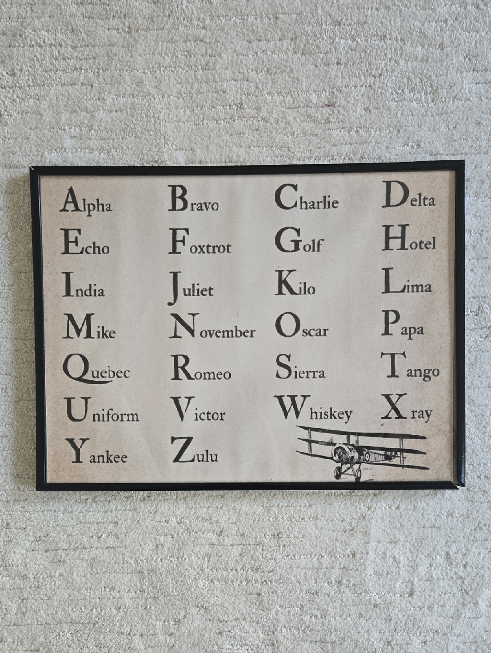 Phonetic Alphabet Artwork Framed In Black Metal